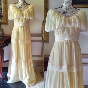 70s Vintage Butter Yellow Tiered Boho Maxi Dress